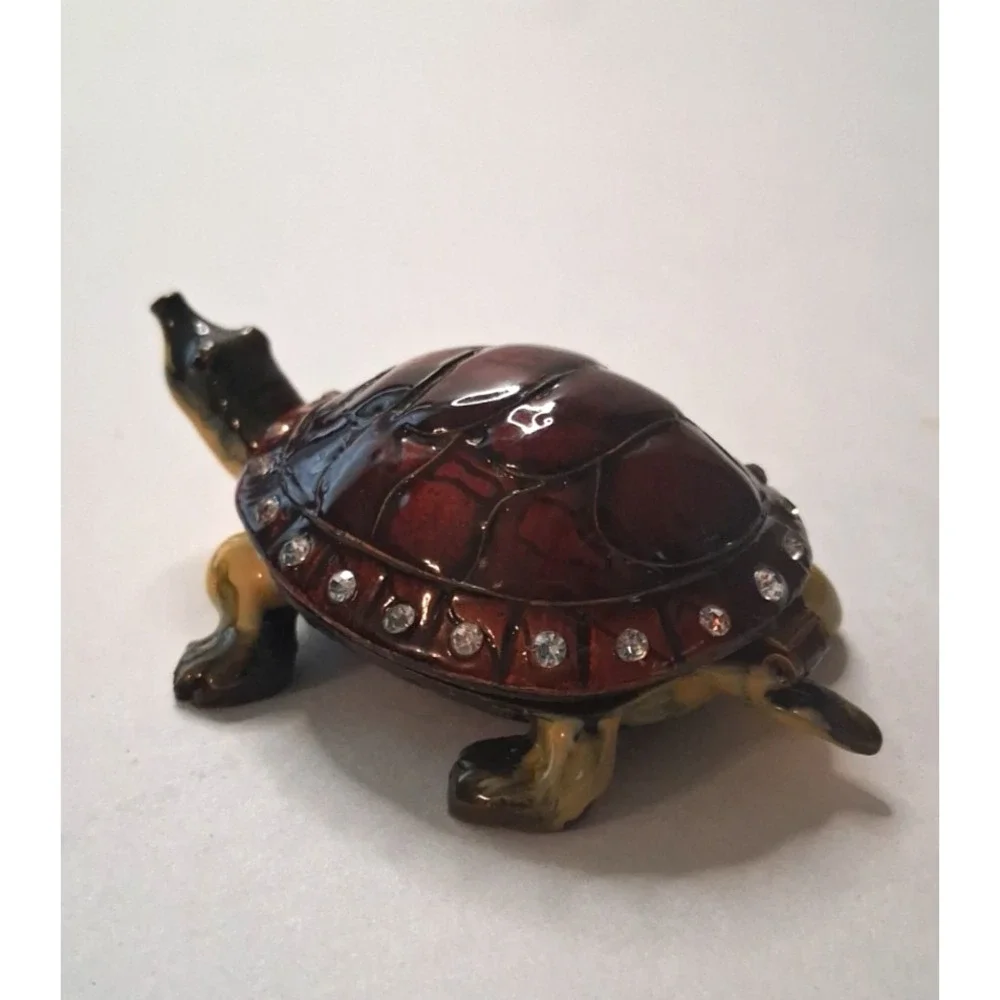 Metal Brass Enameled Turtle Trinket Box with Rhinestones Hinged Shell Lid Nice!